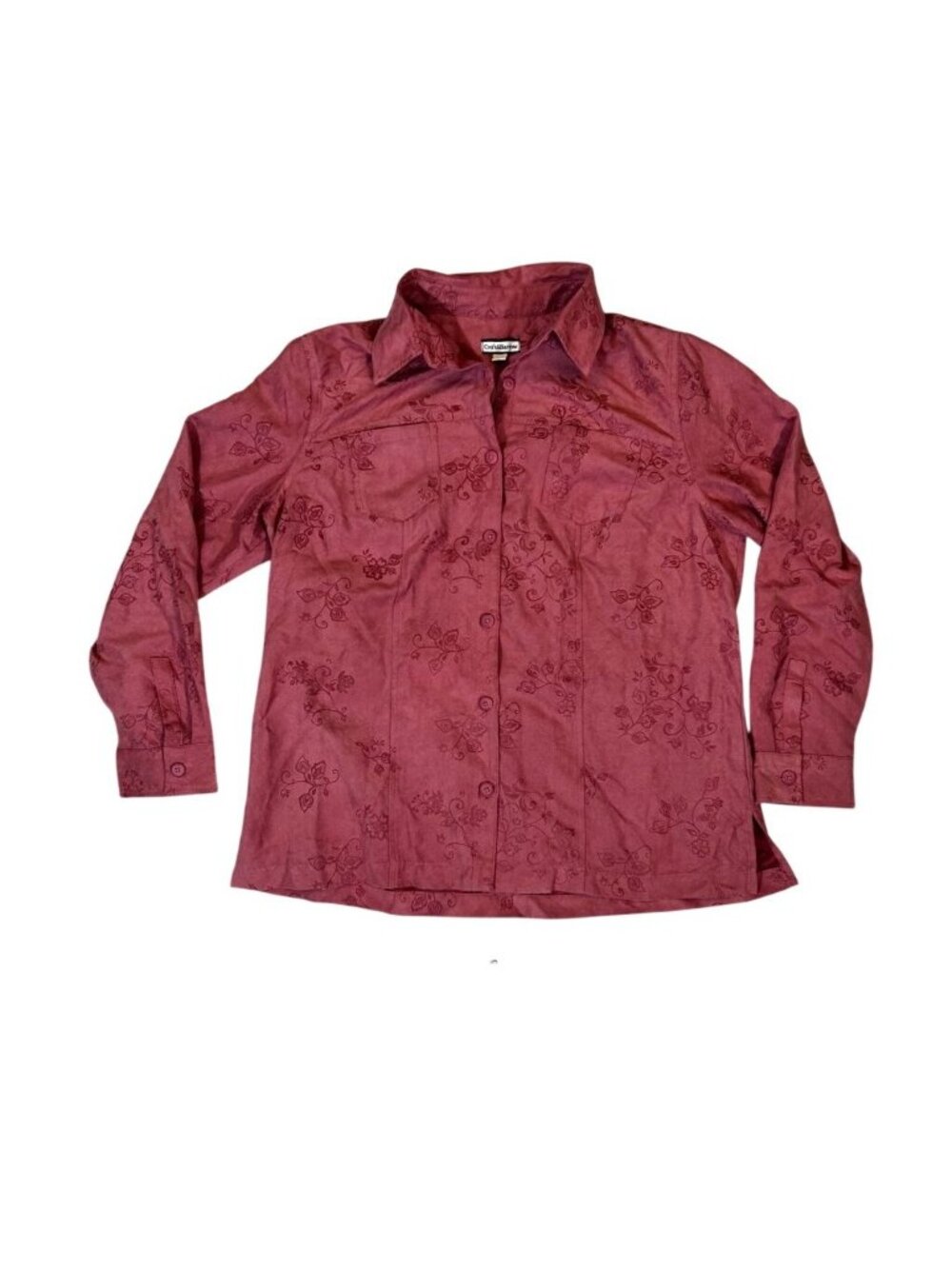Croft & Barrow Womens Button Front Shirt Lg Red Embroidered Long Sleeve Pockets